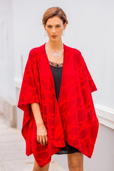 Reversible alpaca blend ruana cape, 'Cherry Leaf' - Fair Trade Alpaca Blend Andean Reversible Ruana Cape with Re