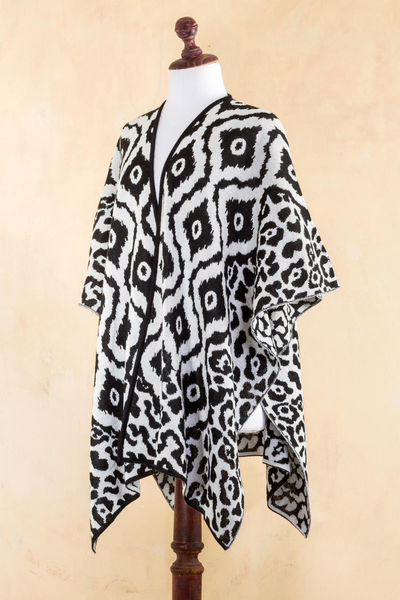 Reversible alpaca blend ruana cape, 'Black and White Tile' - Black and White Reversible Alpaca Blend Peruvian Ruana