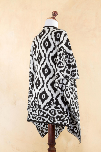 Reversible alpaca blend ruana cape, 'Black and White Tile' - Black and White Reversible Alpaca Blend Peruvian Ruana