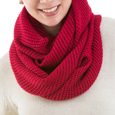 Peruvian Alpaca Wool Infinity Scarf Knitted in Red