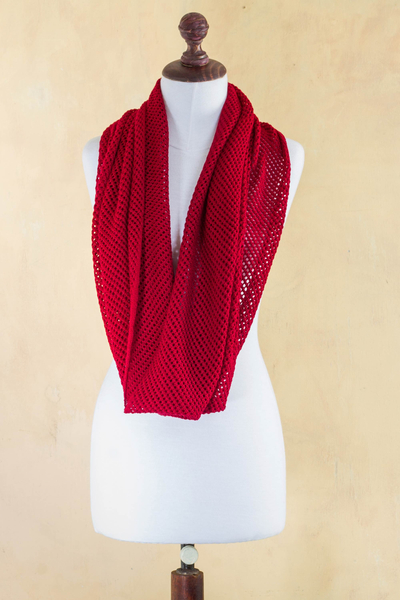100% baby alpaca infinity scarf, 'Crimson Honeycomb' - Peruvian Baby Alpaca Wool Infinity Scarf Knitted in Red