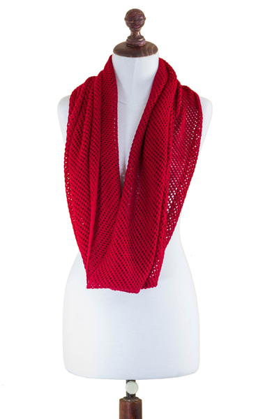 100% baby alpaca infinity scarf, 'Crimson Honeycomb' - Peruvian Baby Alpaca Wool Infinity Scarf Knitted in Red