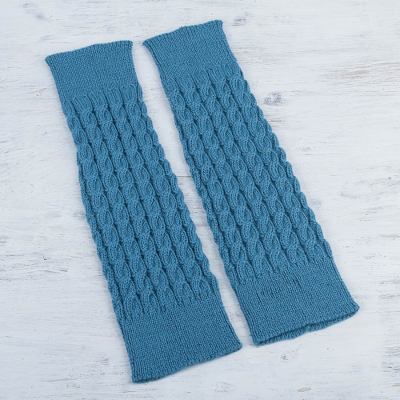 100% alpaca leg warmers, 'Blue Travels' - 100% Baby Alpaca Cable Ribbed Leg Warmers and Boot Toppers i