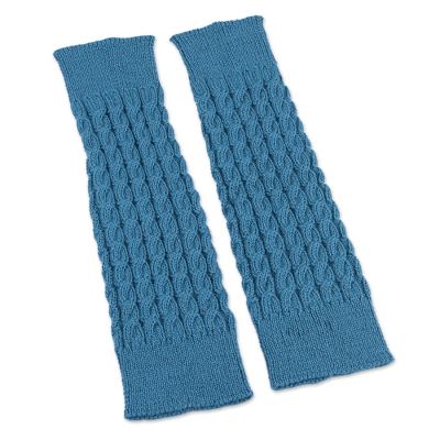 100% alpaca leg warmers, 'Blue Travels' - 100% Baby Alpaca Cable Ribbed Leg Warmers and Boot Toppers i