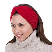 100% alpaca ear warmer, 'Crimson Bow' - Knitted Red 100% Alpaca Wool Ear Warmer from Peru