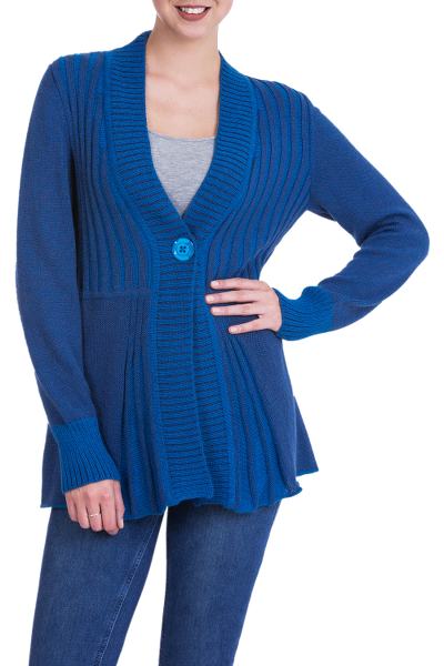 Alpaca blend long cardigan, 'Queen of the Blues' - Andean Alpaca Blend Women's Long Blue Cardigan Sweater
