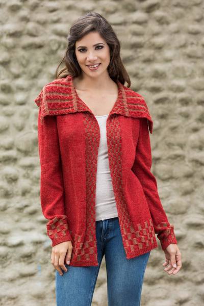 Alpaca blend cardigan, 'Enchanted Crimson' - Alpaca Blend Women's Red and Beige Open Cardigan
