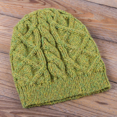 Mottled Green Alpaca Hat Beanie Knit by Hand in Peru, 'Coconut Green'