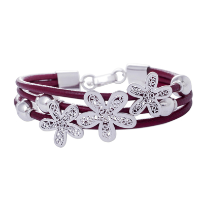 Sterling silver and leather flower bracelet, 'Burgundy Flowers of Rimac' - Artisan Crafted Sterling Silver and Leather Floral Bracelet