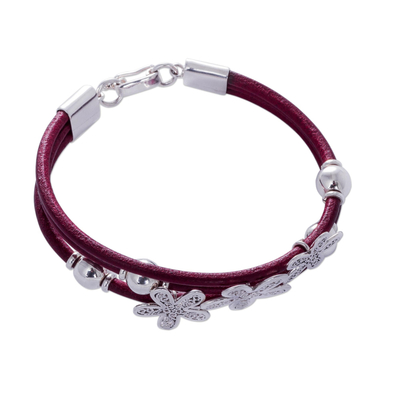 Artisan Crafted Sterling Silver and Leather Floral Bracelet - Burgundy ...