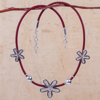 Sterling silver and leather flower necklace, 'Burgundy Flowers of Rimac' - Artisan Crafted Sterling Silver and Leather Floral Necklace
