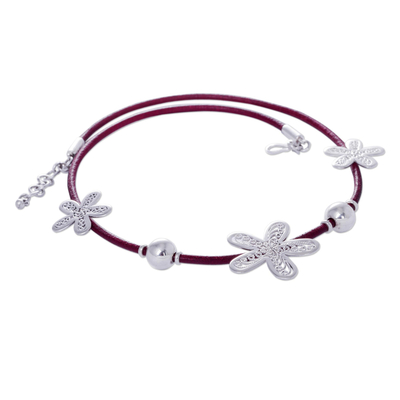 Artisan Crafted Sterling Silver and Leather Floral Necklace - Burgundy ...