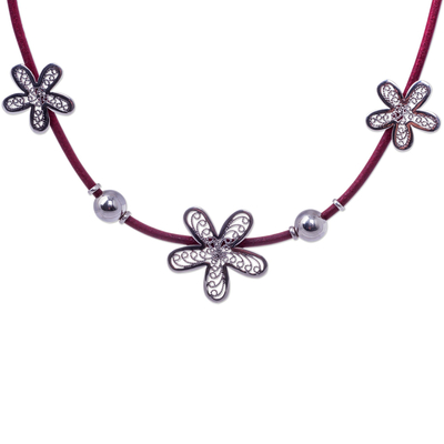 Artisan Crafted Sterling Silver and Leather Floral Necklace - Burgundy ...