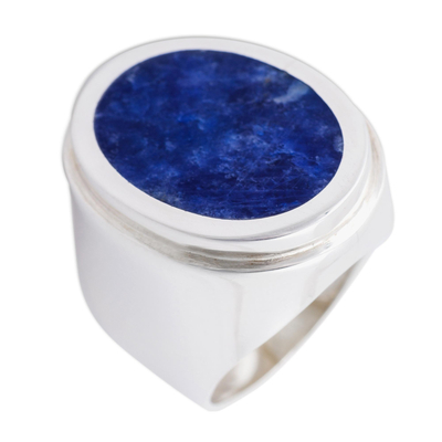 Sodalite cocktail ring, 'Blue Oval Mirror' - Artisan Crafted Sterling Silver Cocktail Ring with Sodalite