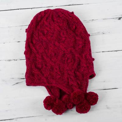 100% alpaca chullo hat, 'Cherry Pompoms' - Fair Trade Hand Knit 100% Alpaca Peruvian Chullo Hat in Wint