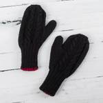 100% alpaca reversible mittens, 'Cherry Cola' - Red and Black Reversible Hand Knitted 100% Alpaca Mittens