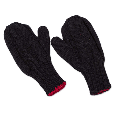 100% alpaca reversible mittens, 'Cherry Cola' - Red and Black Reversible Hand Knitted 100% Alpaca Mittens