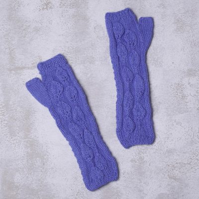 100% alpaca mitts, 'Blue Iris Leaves' - Andean 100% Alpaca Hand Knitted Fingerless Blue Gloves