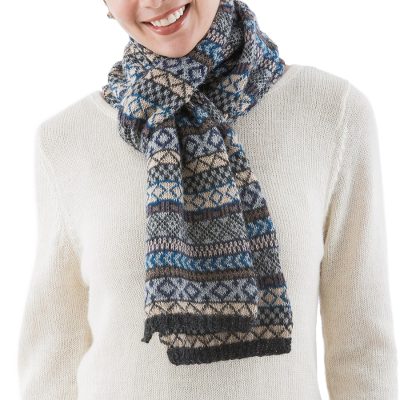 100% alpaca scarf, 'Organic Geometry' - Blue and Beige Geometric Motif Unisex Alpaca Scarf