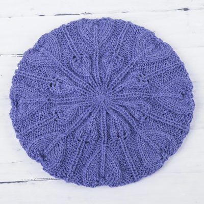 100% alpaca beret, 'Blue Iris Leaves' - Hand Knitted Peruvian Alpaca Beret in Iris Blue