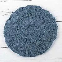 100% alpaca beret, 'Azure Leaves' - Women's Blue Beret Hat Knitted by Hand in 100% Alpaca Wool