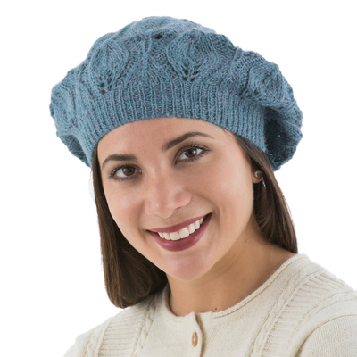 baskenmütze aus 100 % Alpaka - Blaue Baskenmütze für Damen, handgestrickt aus 100 % Alpakawolle