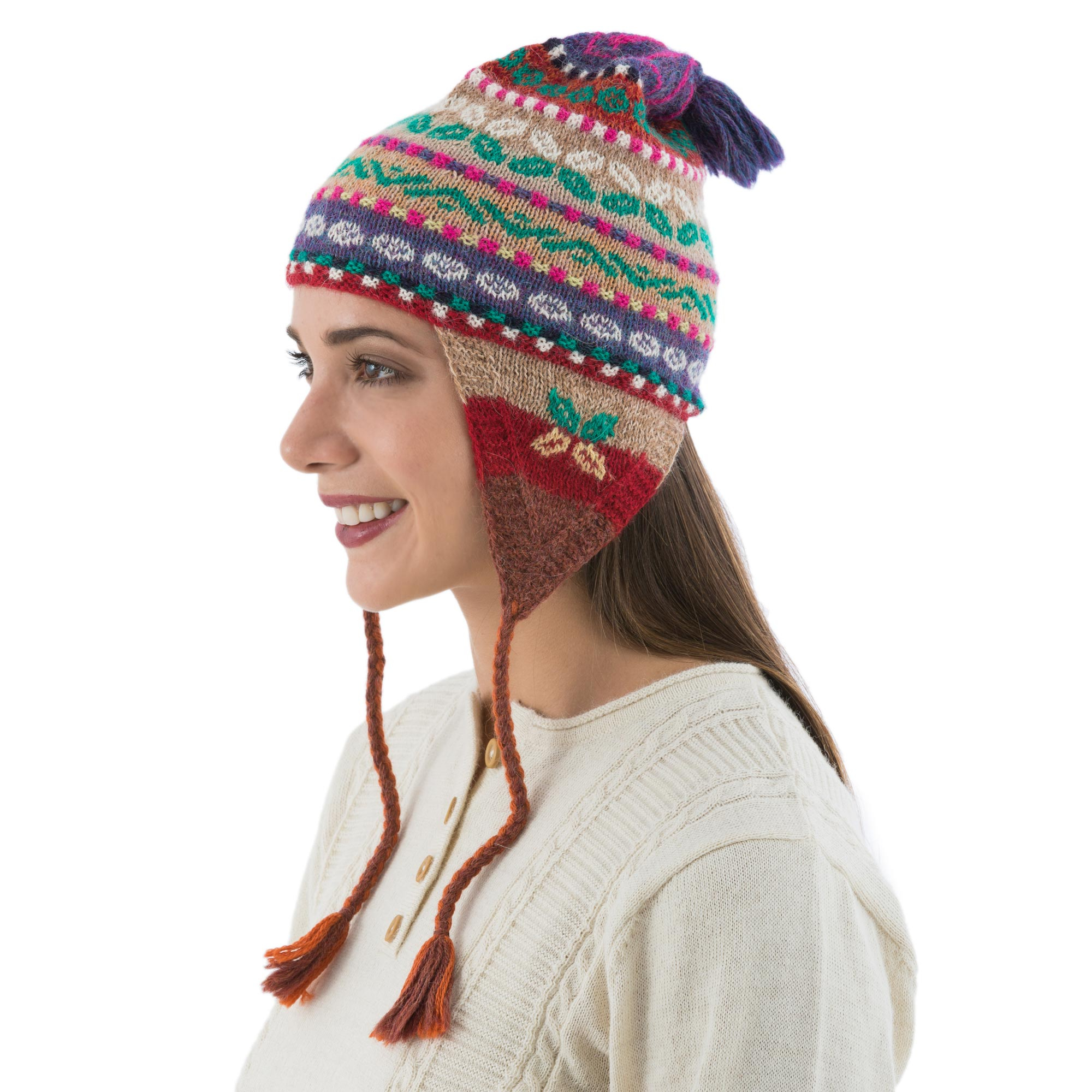 Multi Color Hand Knit 100% Alpaca Peruvian Chullo Hat , 'Winter Fiesta'