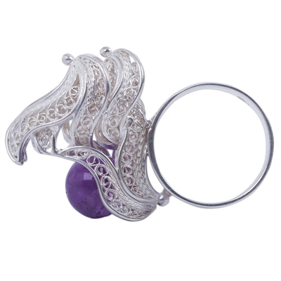 Amethyst and sterling silver filigree ring, 'Fruta Prohibida' - Handmade Amethyst and Sterling Silver Filigree Ring