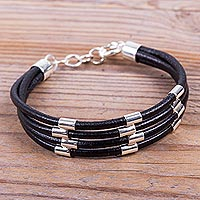 Sterling silver and leather wristband bracelet, 'Building Bridges'