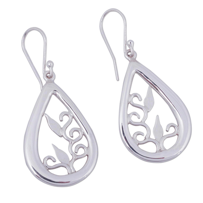 Sterling silver dangle earrings, 'Droplet of Life' - Silver Handcrafted Teardrop Earrings with Leaf Silhouettes