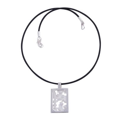 Sterling silver pendant necklace, 'Magic Puzzle' - Geometric Theme Artisan Crafted Silver and Leather Necklace