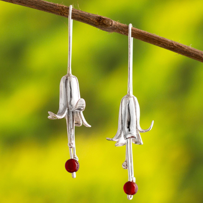 Carnelian drop earrings, 'Silver Honeysuckle' - Andean Sterling Silver Floral Earrings with Carnelian
