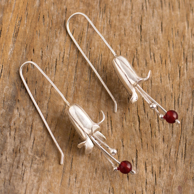 Carnelian drop earrings, 'Silver Honeysuckle' - Andean Sterling Silver Floral Earrings with Carnelian