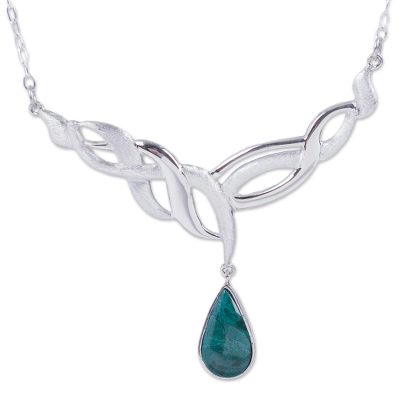 Chrysocolla pendant necklace, 'Andean Teardrop' - Handcrafted Sterling Silver Necklace with Andean Chrysocolla