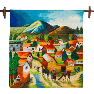 Colorful Handwoven Andean Village Scene Wool Wall Tapestry