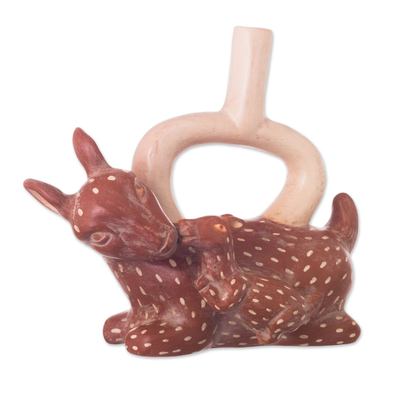Ceramic decorative vessel, 'Llama and Her Baby' - Moche Ceramic Replica Llama and Baby Sculpture from Peru