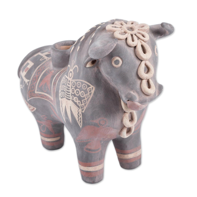 Vasija decorativa de cerámica, 'Toro Negro de Pucará' - Figura de vasija artesanal del folklore andino Toro de Pucará