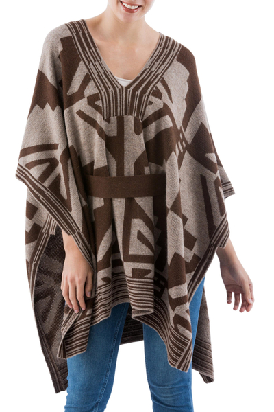 Knitted Brown and Beige 100% Baby Alpaca Belted Poncho