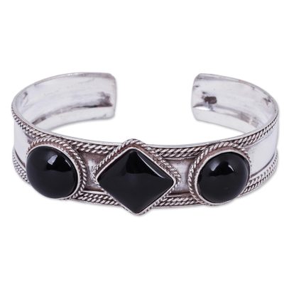 Obsidian cuff bracelet, 'Figures in Black' - Hand Crafted Obsidian and Sterling Silver Cuff Bracelet