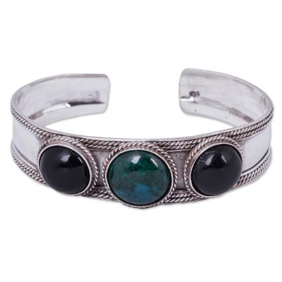 Obsidian and chrysocolla cuff bracelet, 'Natural Radiance' - Artisan Crafted Obsidian and Chrysocolla Cuff Bracelet