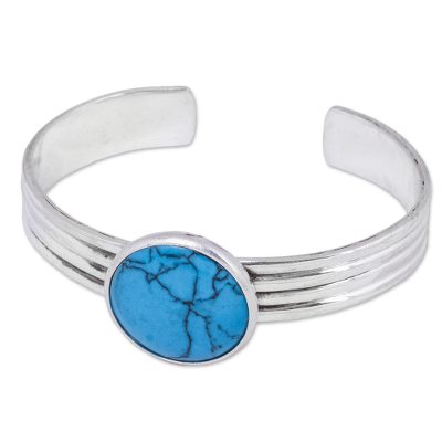 Reconstituted turquoise cuff bracelet, 'Blue Moonlight' - Handmade Reconstituted Turquoise and Silver Cuff Bracelet