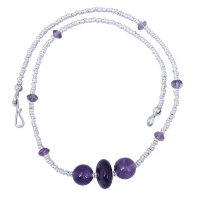 Amethyst beaded necklace, 'Purple Skies' - Artisan Crafted Amethyst and Sterling Silver Beaded Necklace