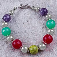 Multi-gem beaded bracelet, 'Lady of Arequipa' - Beaded Sterling Silver Bracelet with 4 Kinds of Gemstones