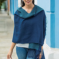 100% baby alpaca shawl, 'Andean Grace' - Artisan Crafted 100% Baby Alpaca Blue Shawl from Peru