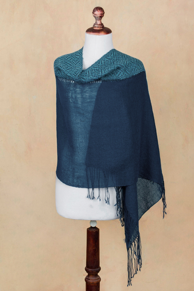 100% baby alpaca shawl, 'Andean Grace' - Artisan Crafted 100% Baby Alpaca Blue Shawl from Peru