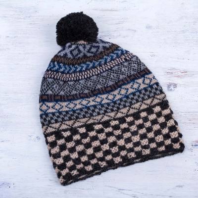 100% alpaca hat, 'Organic Geometry' - Blue and Beige Geometric Motif Unisex 100% Alpaca Hat