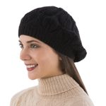 100% alpaca beret, 'Dark Leaves' - Hand Knit Black 100% Alpaca Beret from Peru
