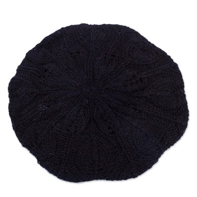 100% alpaca beret, 'Dark Leaves' - Hand Knit Black 100% Alpaca Beret from Peru