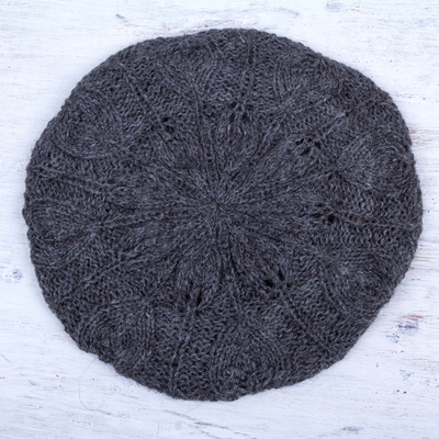 100% alpaca beret, 'Charcoal Grey Leaves' - Andean Alpaca Wool Hand Knitted Beret in Charcoal Grey