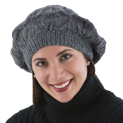 100% alpaca beret, 'Charcoal Grey Leaves' - Andean Alpaca Wool Hand Knitted Beret in Charcoal Grey